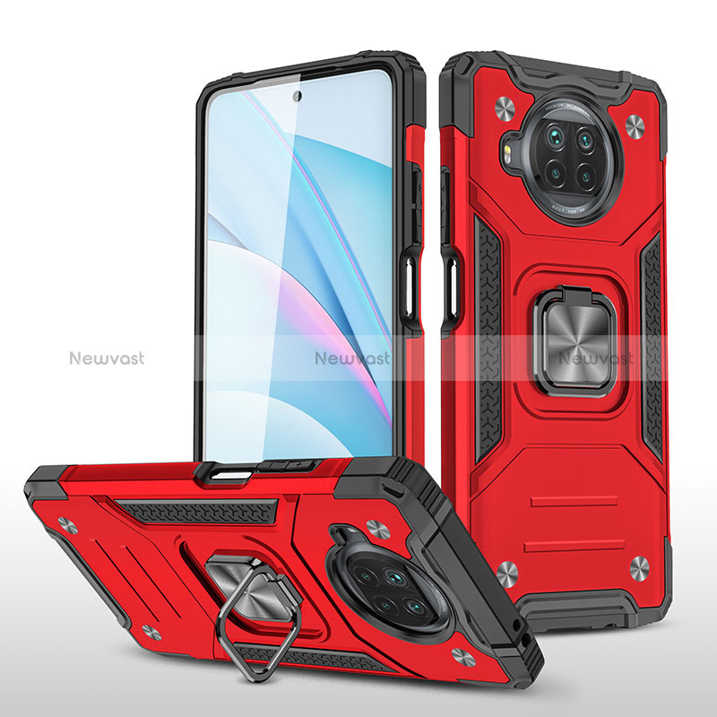 Silicone Matte Finish and Plastic Back Cover Case with Magnetic Finger Ring Stand MQ1 for Xiaomi Mi 10T Lite 5G Red