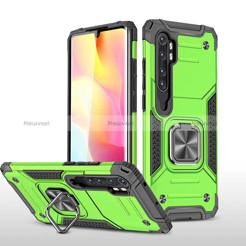 Silicone Matte Finish and Plastic Back Cover Case with Magnetic Finger Ring Stand MQ1 for Xiaomi Mi Note 10 Lite Green