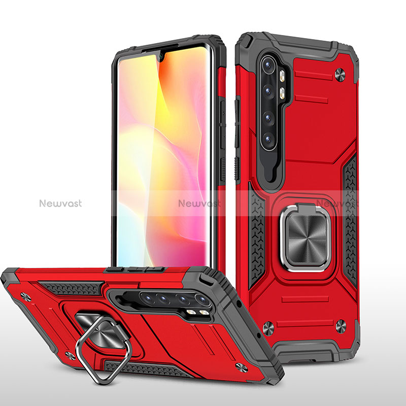 Silicone Matte Finish and Plastic Back Cover Case with Magnetic Finger Ring Stand MQ1 for Xiaomi Mi Note 10 Lite Red