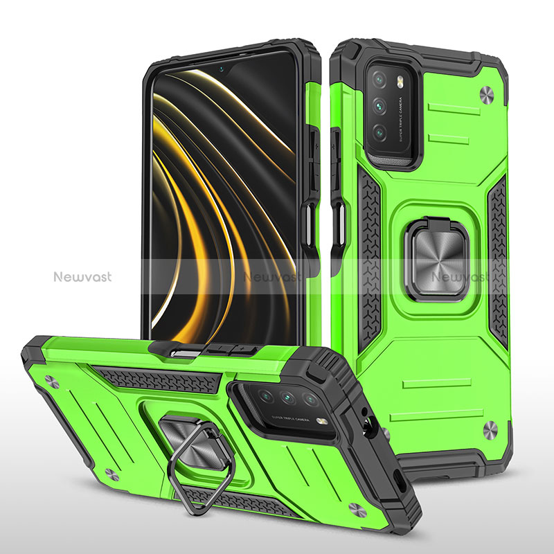 Silicone Matte Finish and Plastic Back Cover Case with Magnetic Finger Ring Stand MQ1 for Xiaomi Poco M3 Green