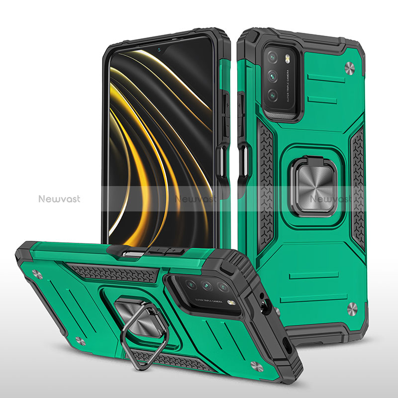 Silicone Matte Finish and Plastic Back Cover Case with Magnetic Finger Ring Stand MQ1 for Xiaomi Poco M3 Midnight Green