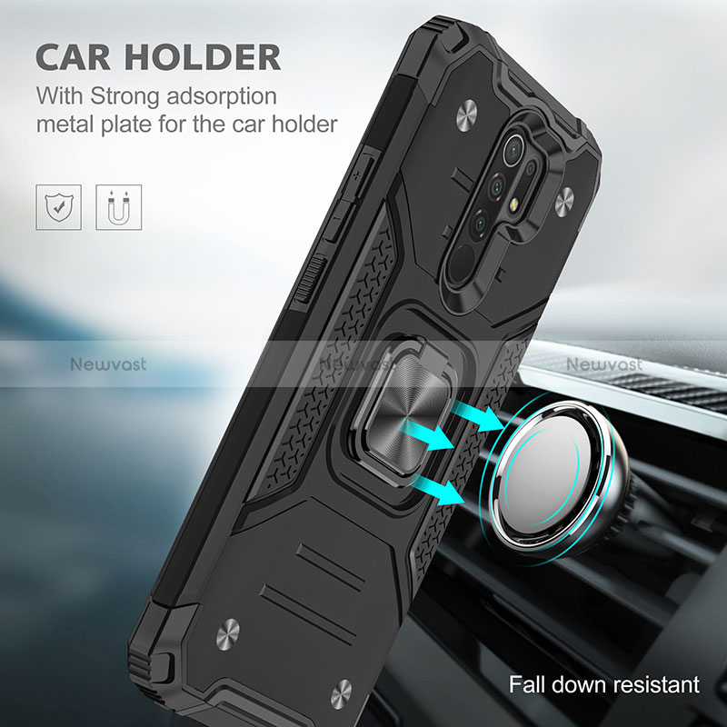 Silicone Matte Finish and Plastic Back Cover Case with Magnetic Finger Ring Stand MQ1 for Xiaomi Redmi 9