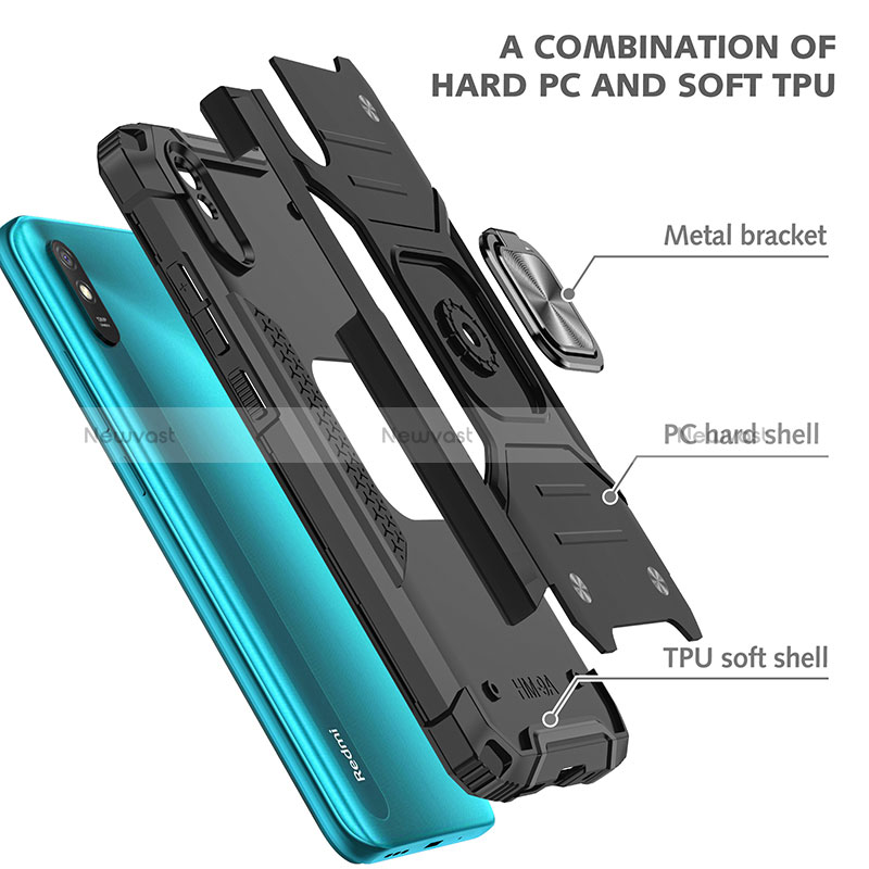 Silicone Matte Finish and Plastic Back Cover Case with Magnetic Finger Ring Stand MQ1 for Xiaomi Redmi 9A