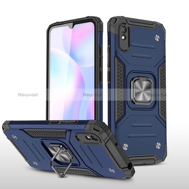 Silicone Matte Finish and Plastic Back Cover Case with Magnetic Finger Ring Stand MQ1 for Xiaomi Redmi 9A Blue