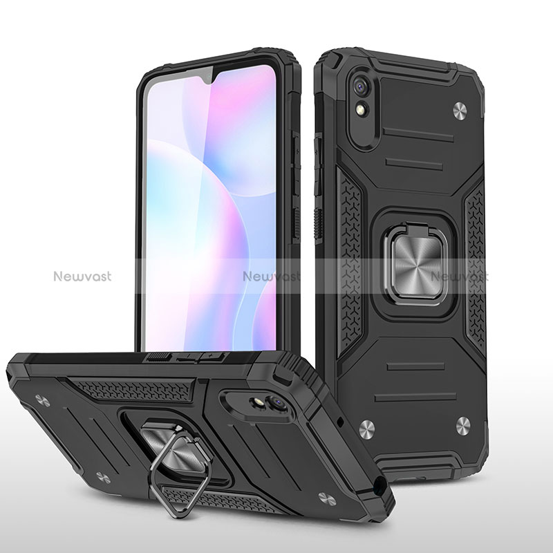 Silicone Matte Finish and Plastic Back Cover Case with Magnetic Finger Ring Stand MQ1 for Xiaomi Redmi 9AT Black