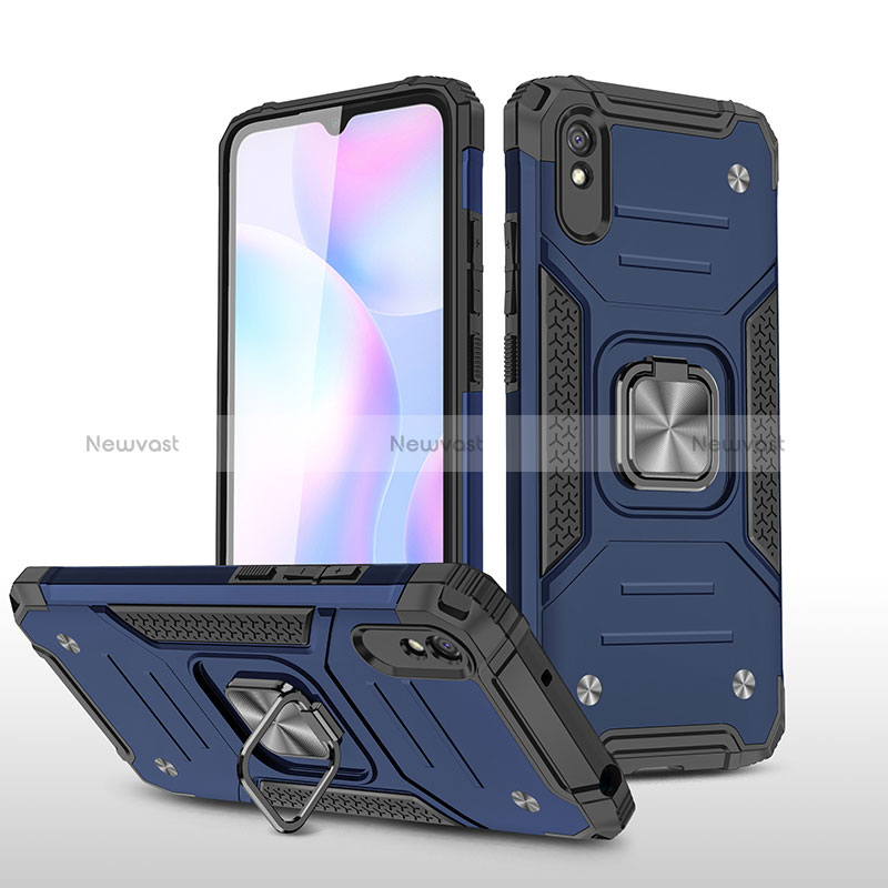 Silicone Matte Finish and Plastic Back Cover Case with Magnetic Finger Ring Stand MQ1 for Xiaomi Redmi 9AT Blue