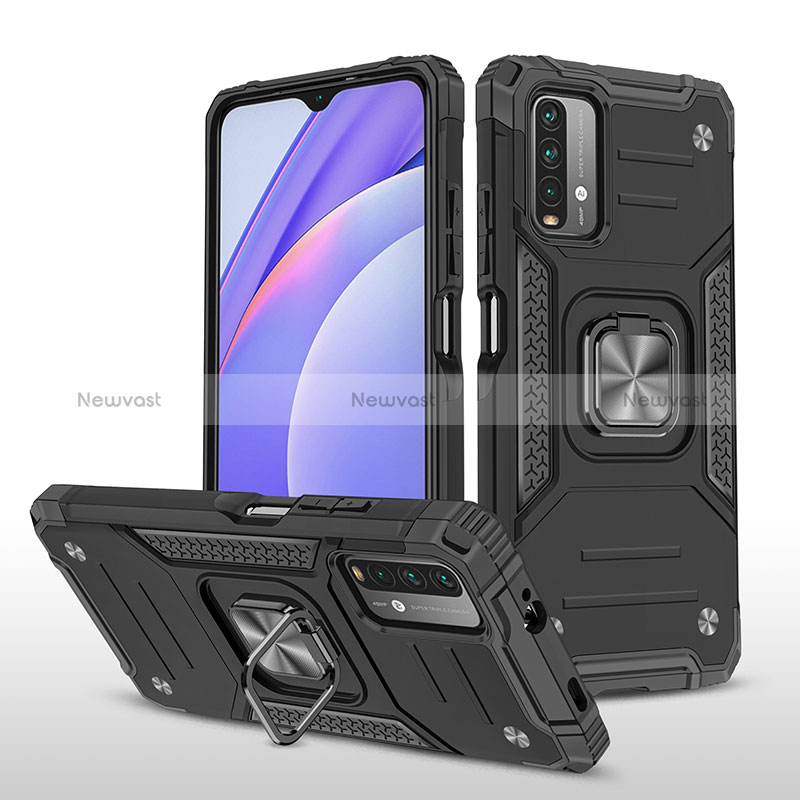 Silicone Matte Finish and Plastic Back Cover Case with Magnetic Finger Ring Stand MQ1 for Xiaomi Redmi 9T 4G