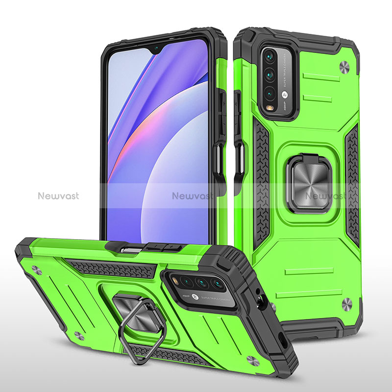 Silicone Matte Finish and Plastic Back Cover Case with Magnetic Finger Ring Stand MQ1 for Xiaomi Redmi 9T 4G Green