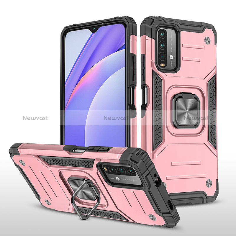 Silicone Matte Finish and Plastic Back Cover Case with Magnetic Finger Ring Stand MQ1 for Xiaomi Redmi 9T 4G Rose Gold