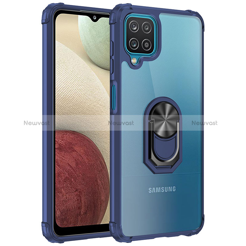 Silicone Matte Finish and Plastic Back Cover Case with Magnetic Finger Ring Stand MQ2 for Samsung Galaxy A12 Nacho Blue
