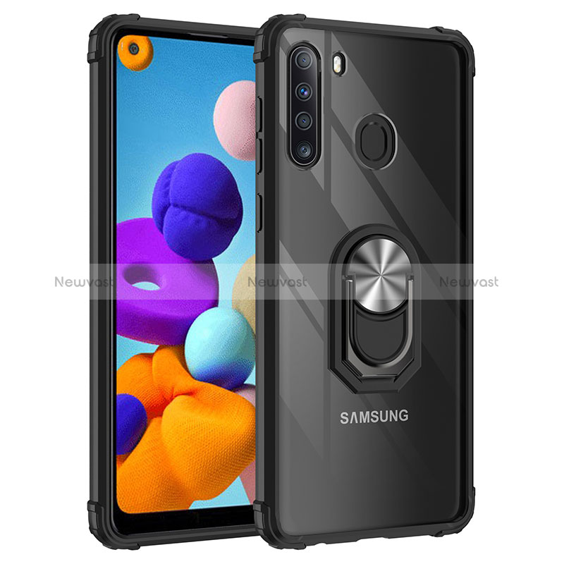 Silicone Matte Finish and Plastic Back Cover Case with Magnetic Finger Ring Stand MQ2 for Samsung Galaxy A21