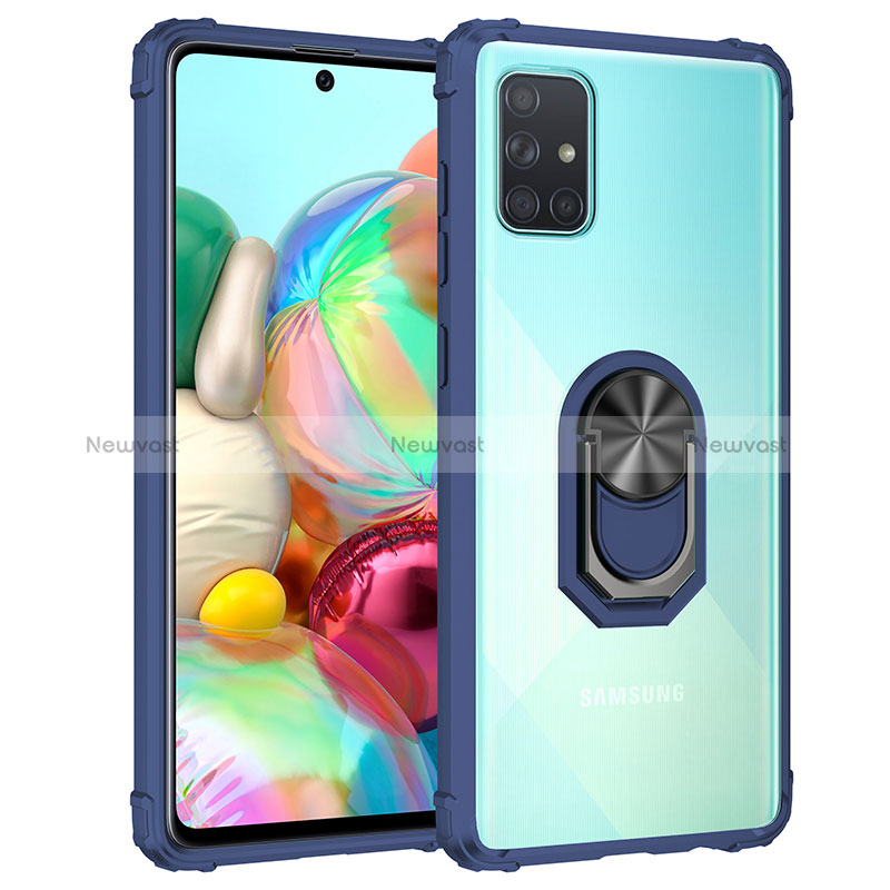 Silicone Matte Finish and Plastic Back Cover Case with Magnetic Finger Ring Stand MQ2 for Samsung Galaxy A71 5G Blue