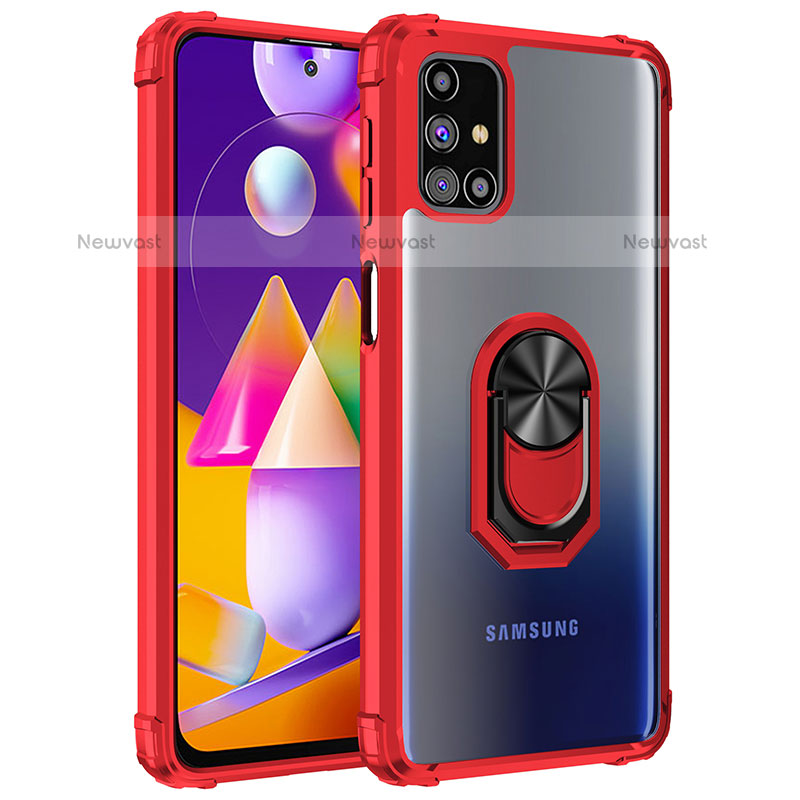 Silicone Matte Finish and Plastic Back Cover Case with Magnetic Finger Ring Stand MQ2 for Samsung Galaxy M31s Red