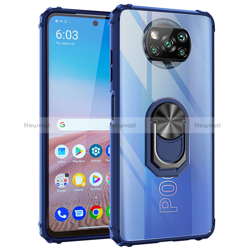Silicone Matte Finish and Plastic Back Cover Case with Magnetic Finger Ring Stand MQ2 for Xiaomi Poco X3 Blue