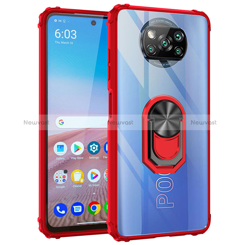Silicone Matte Finish and Plastic Back Cover Case with Magnetic Finger Ring Stand MQ2 for Xiaomi Poco X3 NFC Red