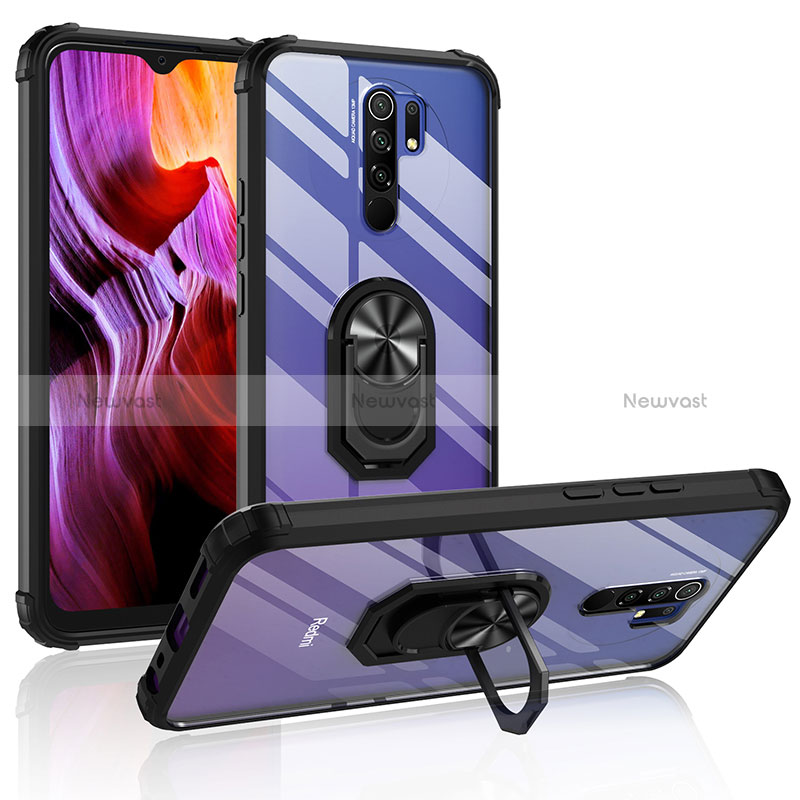 Silicone Matte Finish and Plastic Back Cover Case with Magnetic Finger Ring Stand MQ2 for Xiaomi Redmi 9 Black
