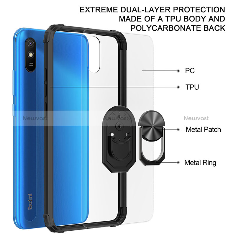 Silicone Matte Finish and Plastic Back Cover Case with Magnetic Finger Ring Stand MQ2 for Xiaomi Redmi 9A