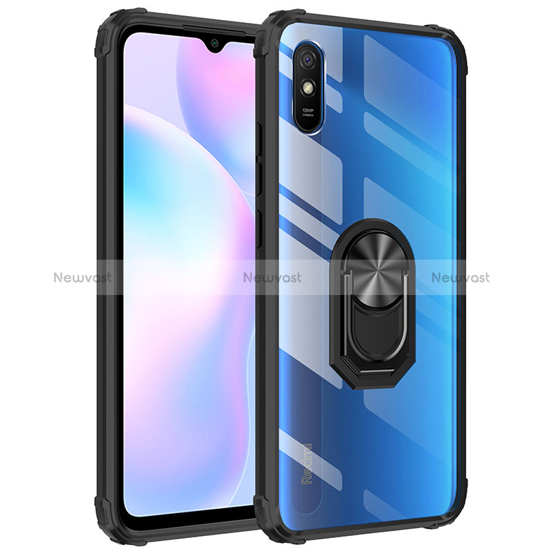 Silicone Matte Finish and Plastic Back Cover Case with Magnetic Finger Ring Stand MQ2 for Xiaomi Redmi 9A Black