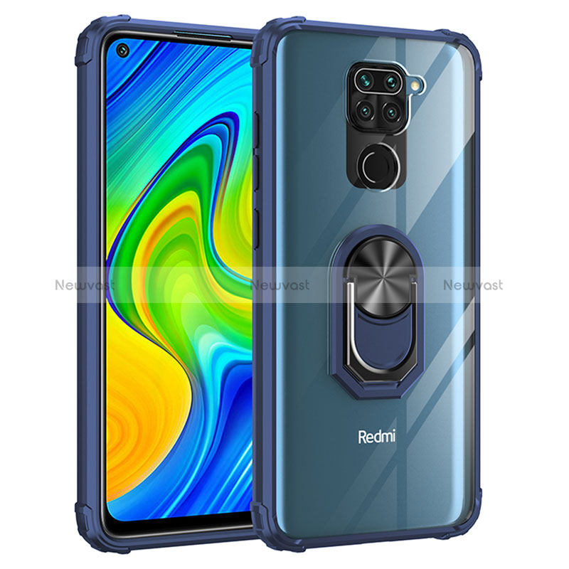 Silicone Matte Finish and Plastic Back Cover Case with Magnetic Finger Ring Stand MQ2 for Xiaomi Redmi Note 9 Blue