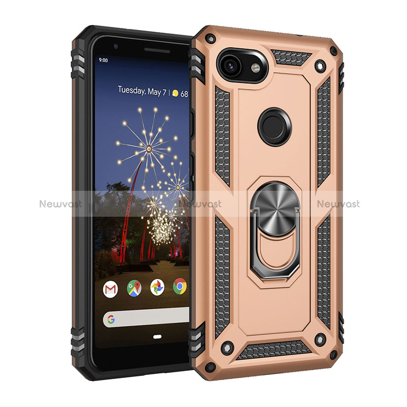 Silicone Matte Finish and Plastic Back Cover Case with Magnetic Finger Ring Stand MQ3 for Google Pixel 3a XL Gold