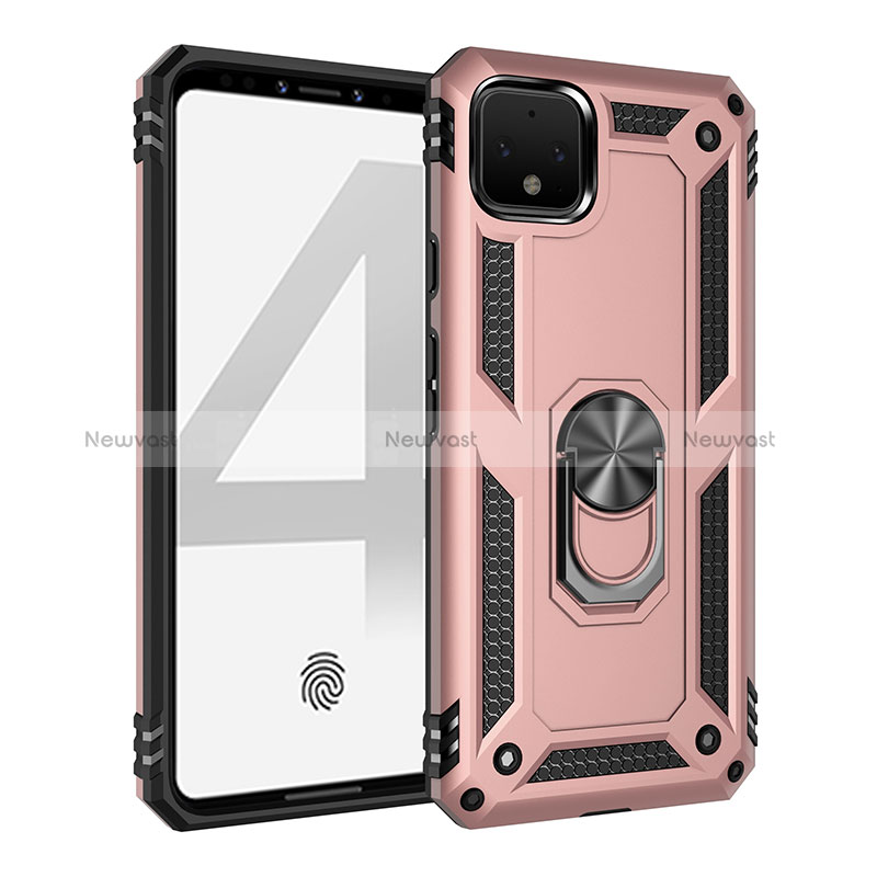 Silicone Matte Finish and Plastic Back Cover Case with Magnetic Finger Ring Stand MQ3 for Google Pixel 4