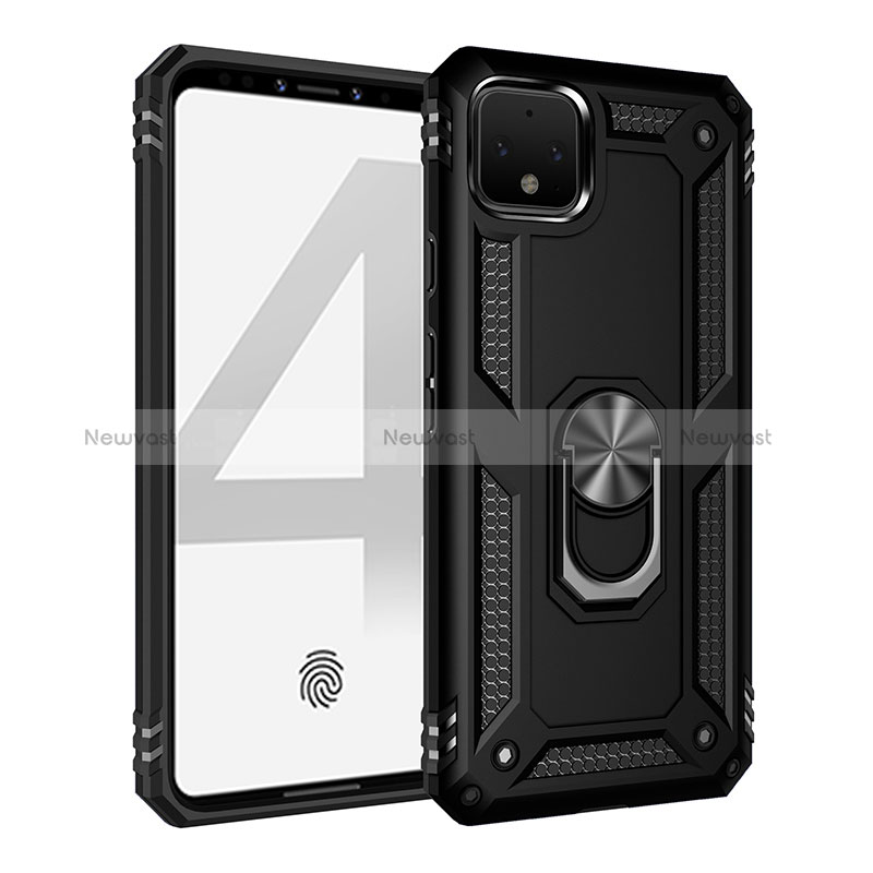 Silicone Matte Finish and Plastic Back Cover Case with Magnetic Finger Ring Stand MQ3 for Google Pixel 4 Black