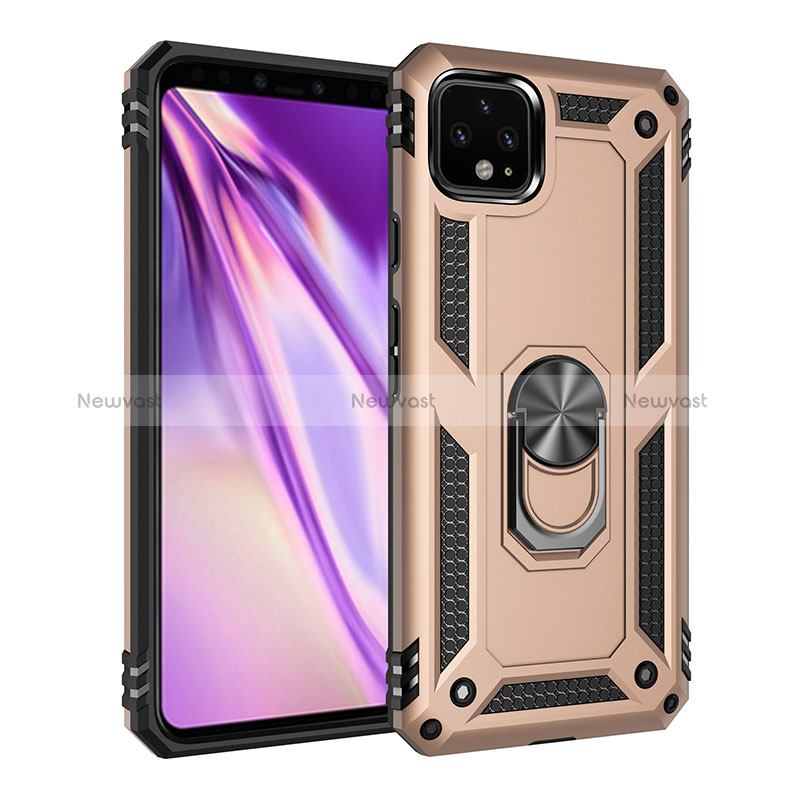 Silicone Matte Finish and Plastic Back Cover Case with Magnetic Finger Ring Stand MQ3 for Google Pixel 4 XL Gold