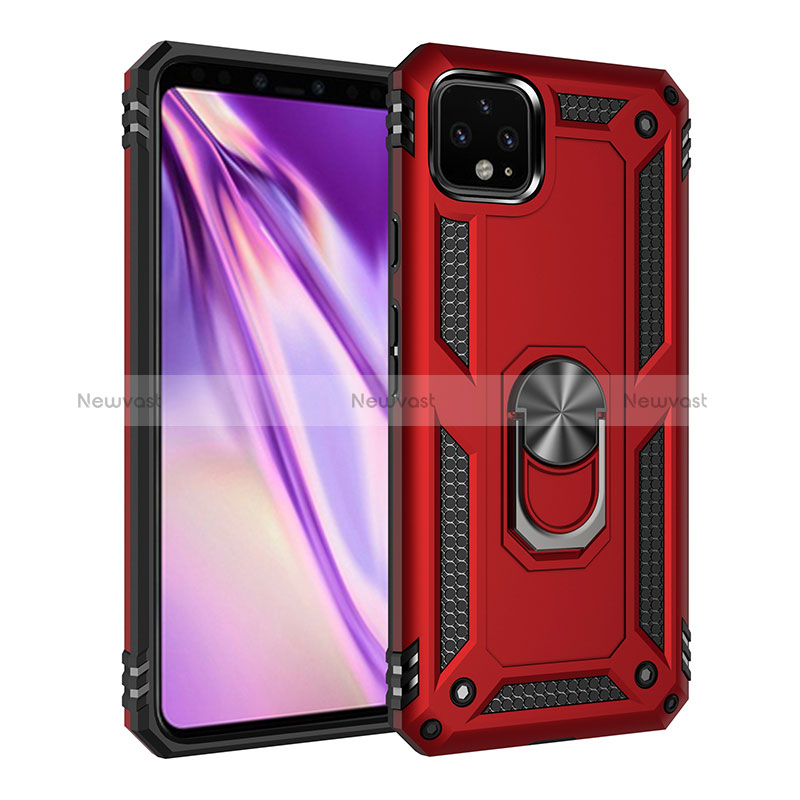 Silicone Matte Finish and Plastic Back Cover Case with Magnetic Finger Ring Stand MQ3 for Google Pixel 4 XL Red