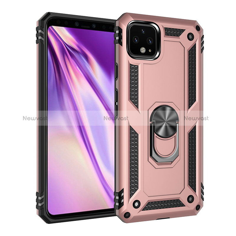Silicone Matte Finish and Plastic Back Cover Case with Magnetic Finger Ring Stand MQ3 for Google Pixel 4 XL Rose Gold