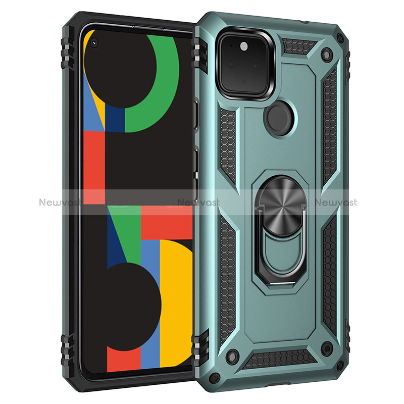 Silicone Matte Finish and Plastic Back Cover Case with Magnetic Finger Ring Stand MQ3 for Google Pixel 4a 5G