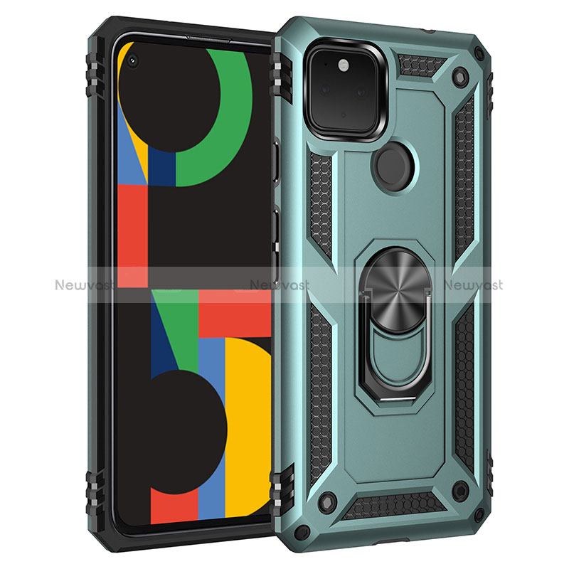 Silicone Matte Finish and Plastic Back Cover Case with Magnetic Finger Ring Stand MQ3 for Google Pixel 4a 5G Green
