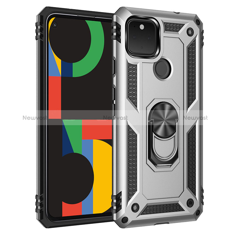 Silicone Matte Finish and Plastic Back Cover Case with Magnetic Finger Ring Stand MQ3 for Google Pixel 5 XL 5G