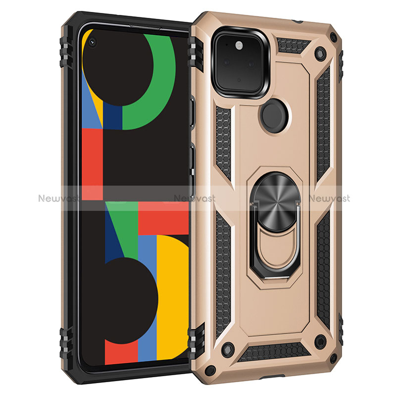 Silicone Matte Finish and Plastic Back Cover Case with Magnetic Finger Ring Stand MQ3 for Google Pixel 5 XL 5G Gold