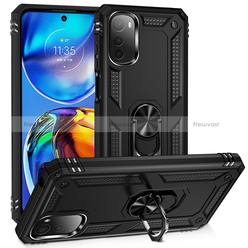 Silicone Matte Finish and Plastic Back Cover Case with Magnetic Finger Ring Stand MQ3 for Motorola Moto E32