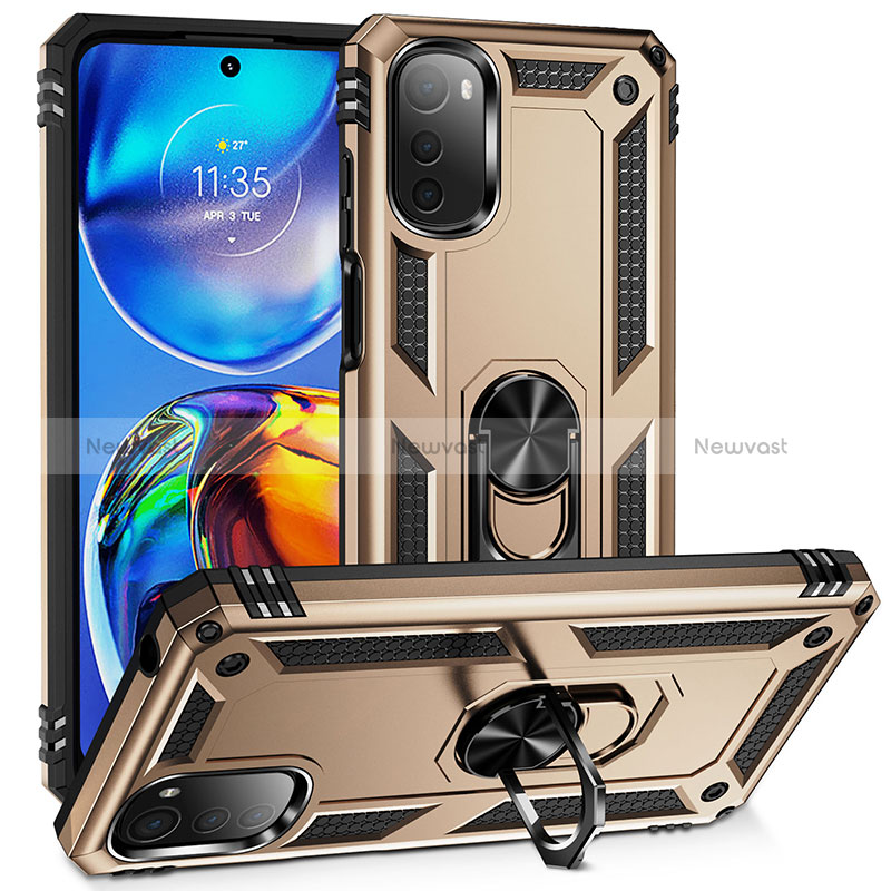 Silicone Matte Finish and Plastic Back Cover Case with Magnetic Finger Ring Stand MQ3 for Motorola Moto E32 Gold