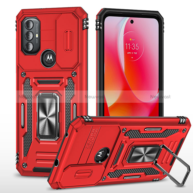 Silicone Matte Finish and Plastic Back Cover Case with Magnetic Finger Ring Stand MQ3 for Motorola Moto G Power (2022) Red