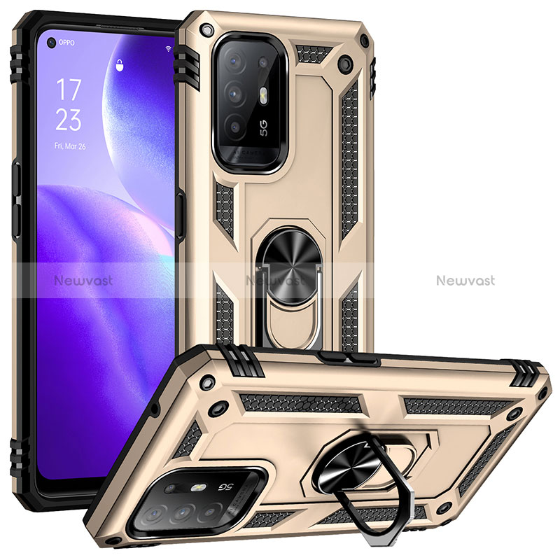 Silicone Matte Finish and Plastic Back Cover Case with Magnetic Finger Ring Stand MQ3 for Oppo Reno5 Z 5G Gold