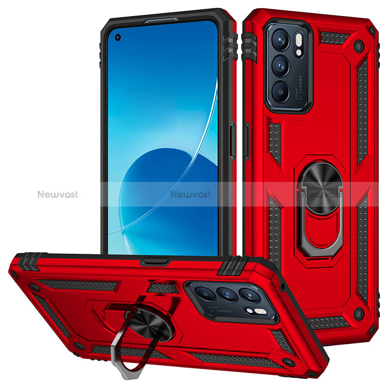 Silicone Matte Finish and Plastic Back Cover Case with Magnetic Finger Ring Stand MQ3 for Oppo Reno6 5G