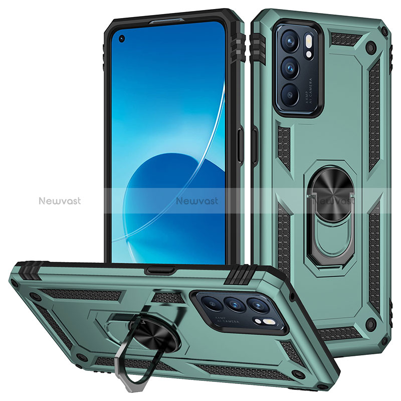 Silicone Matte Finish and Plastic Back Cover Case with Magnetic Finger Ring Stand MQ3 for Oppo Reno6 5G