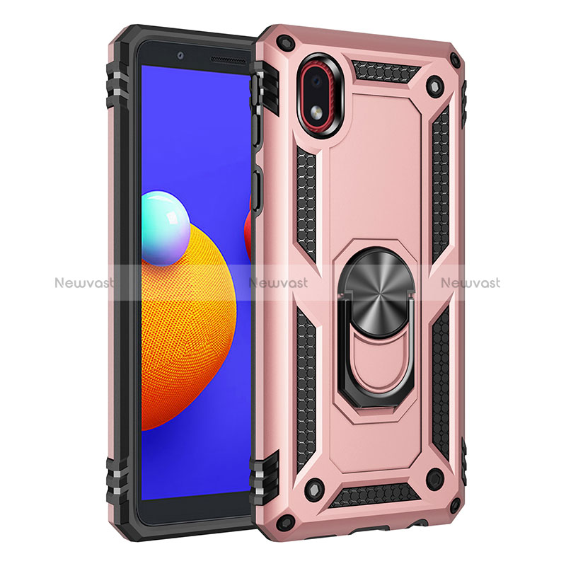Silicone Matte Finish and Plastic Back Cover Case with Magnetic Finger Ring Stand MQ3 for Samsung Galaxy A01 Core Rose Gold