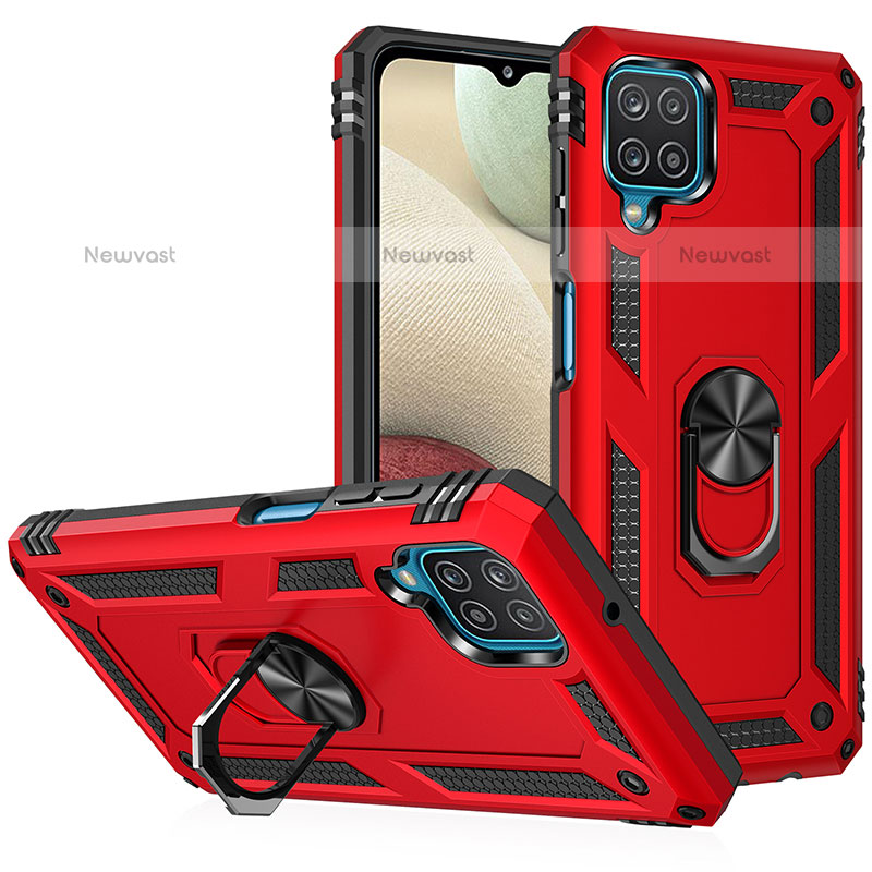 Silicone Matte Finish and Plastic Back Cover Case with Magnetic Finger Ring Stand MQ3 for Samsung Galaxy A12 Red