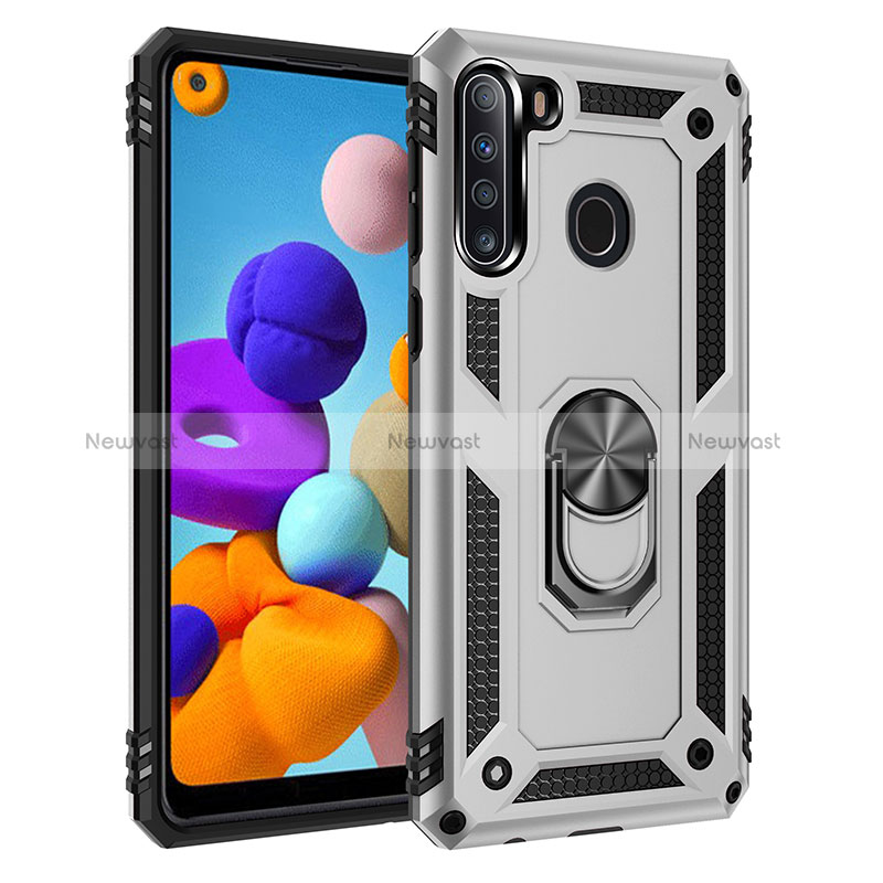 Silicone Matte Finish and Plastic Back Cover Case with Magnetic Finger Ring Stand MQ3 for Samsung Galaxy A21