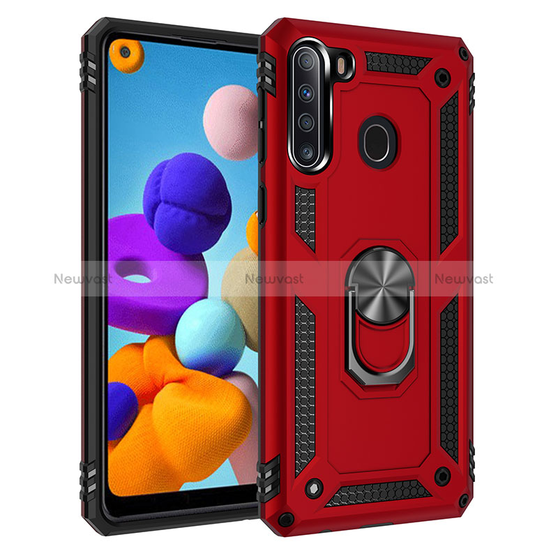 Silicone Matte Finish and Plastic Back Cover Case with Magnetic Finger Ring Stand MQ3 for Samsung Galaxy A21 Red
