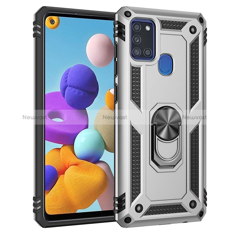 Silicone Matte Finish and Plastic Back Cover Case with Magnetic Finger Ring Stand MQ3 for Samsung Galaxy A21s Silver