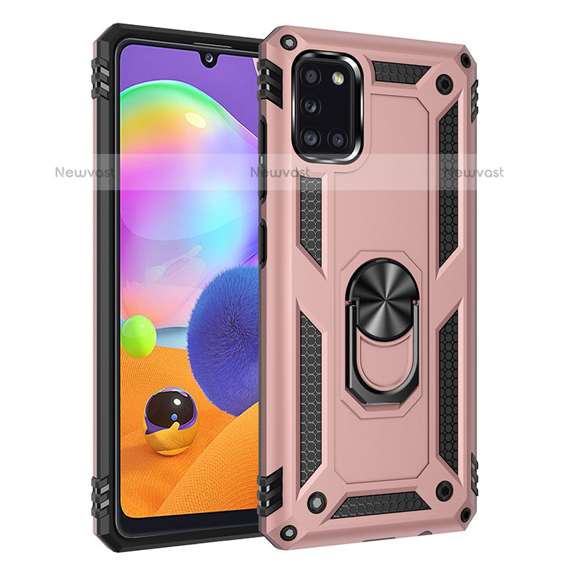 Silicone Matte Finish and Plastic Back Cover Case with Magnetic Finger Ring Stand MQ3 for Samsung Galaxy A31 Rose Gold