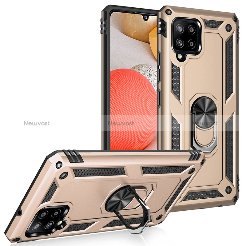Silicone Matte Finish and Plastic Back Cover Case with Magnetic Finger Ring Stand MQ3 for Samsung Galaxy A42 5G Gold