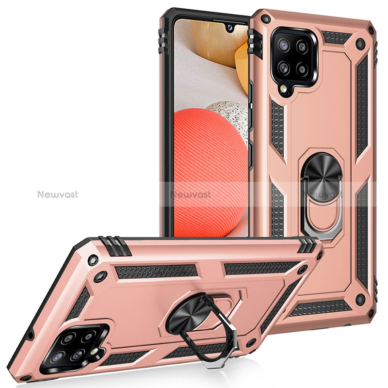 Silicone Matte Finish and Plastic Back Cover Case with Magnetic Finger Ring Stand MQ3 for Samsung Galaxy A42 5G Rose Gold