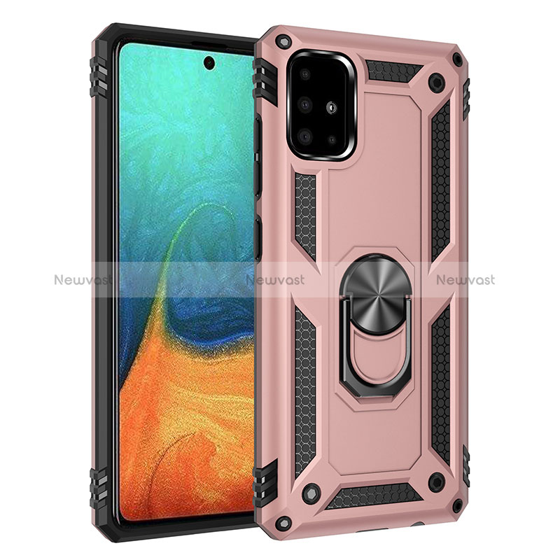 Silicone Matte Finish and Plastic Back Cover Case with Magnetic Finger Ring Stand MQ3 for Samsung Galaxy A71 5G Rose Gold