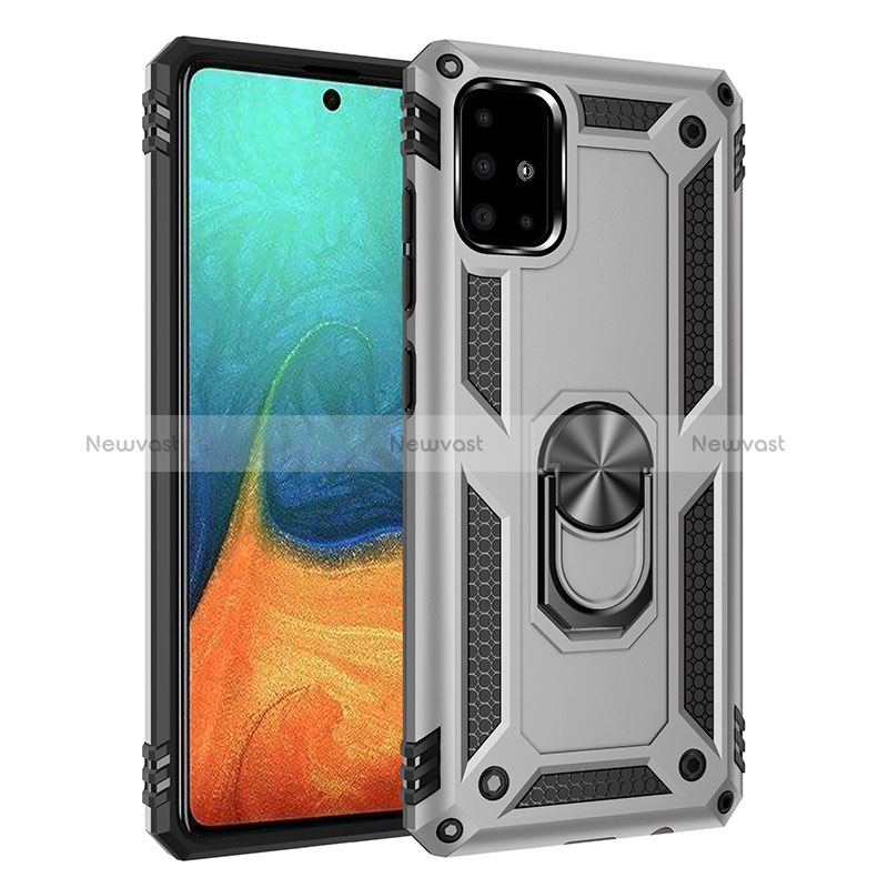 Silicone Matte Finish and Plastic Back Cover Case with Magnetic Finger Ring Stand MQ3 for Samsung Galaxy A71 5G Silver