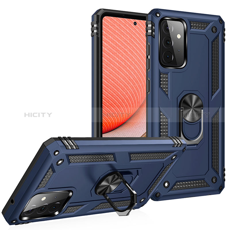 Silicone Matte Finish and Plastic Back Cover Case with Magnetic Finger Ring Stand MQ3 for Samsung Galaxy A72 5G Blue